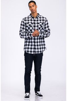 Model is 5'11 wearing size Large. 60% Cotton, 40% Polyester Chest Pockets Button Closure Button Cuff Black Relaxed Fit Button-up Flannel Shirt, Black Long Sleeve Flannel Shirt, Black Casual Flannel Shirt With Pockets, Black Long Sleeve Flannel Shirt With Button Closure, Black Flannel Shirt With Button Closure, Casual Black Flannel Shirt With Pockets, Classic Black Flannel Top, Black Flannel Shirt With Pockets, Black Cotton Relaxed Fit Flannel Shirt