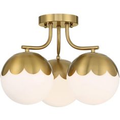 two light brass ceiling fixture with white glass balls on the bottom and gold metal accents