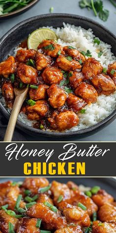 honey butter chicken in a skillet with rice and garnish