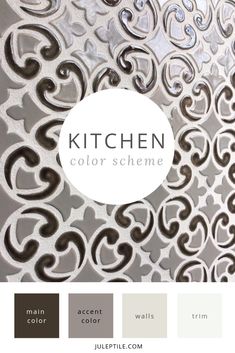 the kitchen color scheme is shown in shades of brown, white and grey with an ornate pattern