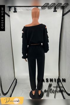 Loose Hole Long Sleeve T Shirt and Pants Tracksuits Casual Long Sleeve Pantsuit For Party, Casual Long Sleeve Pantsuit For Night Out, Stretch Long Sleeve Pant Set For Night Out, Casual Two-piece Top For Party, Casual Two-piece Party Tops, Casual Long Sleeve Pant Set For Night Out, Black Long Sleeve Pant Set For Spring, Casual Fall Pantsuit For Night Out, Casual Pantsuit For Fall Night Out