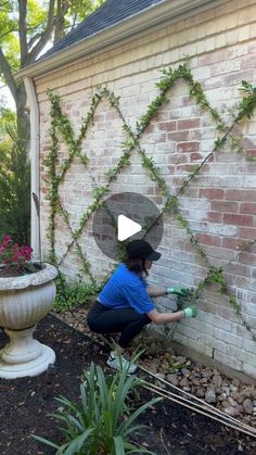 a woman kneeling down in front of a brick wall with vines on it and gardening tools