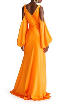 Elegant Dresses Wedding, Burn Orange, Concert Style, Outfit Wedding Guest, Voluminous Sleeves, Cold Shoulder Long Sleeve, Maxi Dress Cocktail, Satin Gown, Gowns With Sleeves