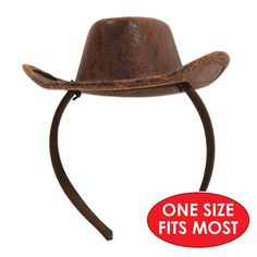 Highlights: attached to snap-on headband (1/package) UPC: 034689003038 Details: Wear this Cowboy Hat Headband to add the finishing touch to you Western Attire! attached to snap-on headband; You get a bulk pack of 12 in each full case you buy.This Cowboy Hat Headband is the perfect way to add a western flair to any costume or party. It attaches easily to a snap-on headband and is made of durable, lightweight plastic. The classic black, white, and brown design gives an authentic western look. This Hat Headband, Brown Design, Western Look, Cowboy Hat, Costume Accessories, Cowboy Hats, Classic Black, Everyday Fashion, Cowboy