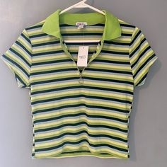 Rue21 Cropped Tee Size Large Nwt Striped, Ribbed Material, Collared V Neck That Zips, Cropped Tee There’s A Tiny Spot On The Front, See All Photos Smoke Free Fitted Green 90s Tops, Y2k Striped Cotton Tops, 90s Striped Short Sleeve Tops, Fitted Striped Y2k Top, Striped Y2k Tops For Spring, Y2k Striped Tops For Spring, Royal Blue Crop Top, Colorful Streetwear, Light Pink Crop Top