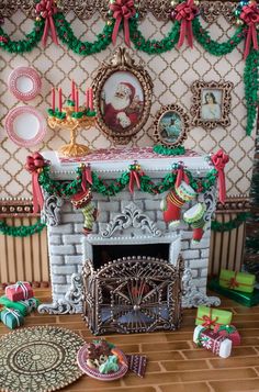 there is a fireplace decorated with christmas decorations