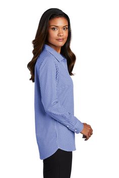 3.1-ounce, 60/40 cotton/poly; Bias-cut details; Open collar and neckline; Pearlized buttons; Bust darts; Inverted back pleat; Rounded adjustable cuffs; Wrinkle resistant Gingham Long Sleeve Workwear Shirt, Gingham Long Sleeve Work Shirt, Long Sleeve Gingham Shirt For Work, Gingham Long Sleeve Shirt For Workwear, Gingham Long Sleeve Shirt For Work, Classic Plaid Tops For Daywear, Classic Gingham Tops, Classic Gingham Cotton Blouse, Gingham Button-up Tops For Workwear