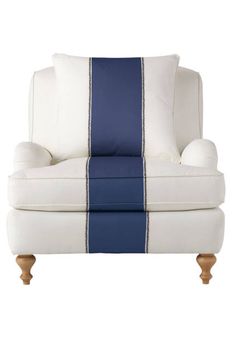 a white chair with blue and white stripes on the back, against a white background