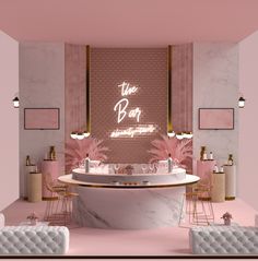 the bathroom is decorated in pink and gold