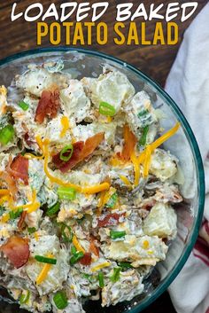 loaded baked potato salad in a glass bowl on a wooden table with text overlay