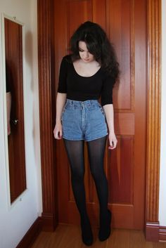 Abbey Karson Outfits With Black Tights, Shorts And Tights, Black Tights Outfit, Black Stockings, Outfit Trends, Tights Outfit, Black Tights, Short Shorts, Grunge Outfits