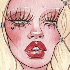 a drawing of a blonde haired woman with red lipstick and piercings on her ears