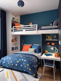 a child's bedroom with bunk beds, desk and bookshelf in it