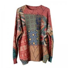 Cozy Long Sleeve Patterned Sweater, Cozy Patterned Long Sleeve Sweater, Patterned Long Sleeve Winter Top, Patterned Long Sleeve Tops For Winter, Cozy Patchwork Crew Neck Tops, Patterned Sweater With Graphic Print For Fall, Multicolor Long Sleeve Top With Fair Isle Pattern, Red Patchwork Sweater For Fall, Cozy Patchwork Tops For Winter