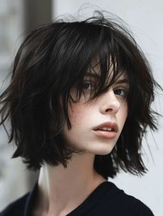 Grunge Bob With Bangs, Short Hair With Bangs Reference, Very Messy Hair, Short Messy Haircut Women, Short Hairstyle Women Messy, Short In The Back Longer In Front Hair, Long Hair And Short Bangs, Pointed Haircut, Haircut For Poofy Hair