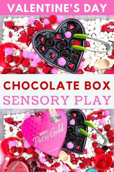 Valentine's Day sensory bin preschool - pom poms placed in a chocolate box and tongs in a sensory bin Sensory Bin For Toddlers, Preschool Valentines Activities, Valentine Sensory, Preschool Valentine Crafts, Toddler Sensory Bins, Chocolate Boxes, Box Of Chocolates