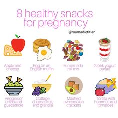 the eight healthy snacks for pregnant women are shown in this graphic above it is an illustration of what they eat