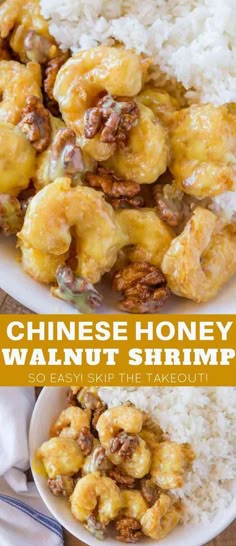 chinese honey walnut shrimp served over rice in a white bowl