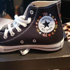 Black Converse 7.5 Custom Embroidered Never Worn New In Box Converse Shoes Custom, Converse Chuck Taylor Ii, Embroidered Converse, Leather Sneakers Men, Grey Converse, Converse Shoes Womens, All Star Shoes, New Converse, Converse Black