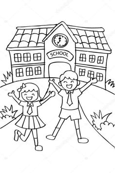 black and white drawing of two kids holding hands in front of a school building