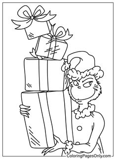 an elf holding a stack of presents coloring page