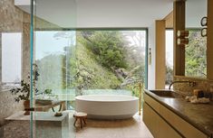 a bathroom with a large bath tub next to a walk in shower