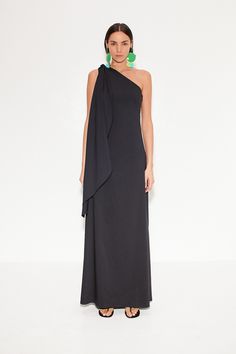 Luxury Black Dress With Structured Shoulders, Chic Voluminous Draped Sleeve Dresses, Black Draped One Shoulder Summer Dress, Black Draped One-shoulder Formal Dress, Crochet Halter Dress, Black Asymmetrical Neckline Pre-draped Dress, Designer Hair Accessories, Simon Miller, New Arrival Dress