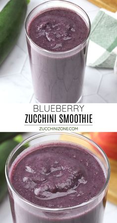 blueberry zucchini smoothie is shown in two glasses