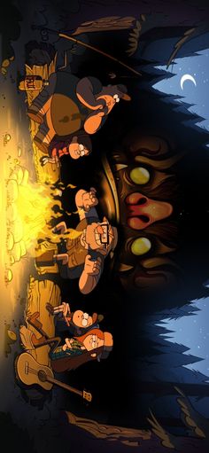 cartoon characters are lined up in front of a fire with flames coming out of them