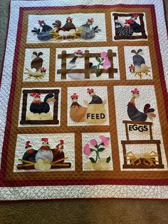 a quilt made to look like chickens and roosters with the words feed on them