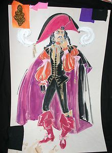 a drawing of a man dressed as a pirate with a pink hat and purple cape