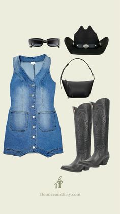 Country concert outfit summer 2024 Denim Dress With Cowbiy Boots, Country Western Mini Dresses, Beth Dutton Denim Dress, Country Dress Jeans, Boots Sundress, Denim Mini Dress Outfit, Country Concert Dress Outfit, Concert Dress Outfit, Country Concert Outfit Summer