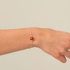 14k Solid Gold Red Evil Eye Bracelet - Lucky Bracelet - Protection Bracelet - Red Bracelet - Navy Blue, Light Blue, Red Colors - Moms Gift 🔳WARRANTY🔳 *6 Months warranty. *Free Shipping without price limit. *Easy Return and Replacement 30 days after purchase. Just contact me 😊 🔳14K SOLID GOLD EVIL EYE BRACELET🔳 *Material: 14k Solid Gold (NOT GOLD PLATED OR FILLED) *Gold KT: 14K (585) *Stone: Enamel *Bracelet Length: 6 to 7 inches adjustable chain *Chain Type: Dainty Cable *Clasp: Spring Ring Elegant Red Chain Bracelet For Gift, Red 14k Gold Jewelry For Valentine's Day, Adjustable Red Round Charm Bracelet, Adjustable Red Charm Bracelet, Adjustable Round Red Charm Bracelet, Elegant Red Bracelets With Adjustable Chain, Red Round Jewelry For Valentine's Day, Red Fine Jewelry As A Gift, Fine Jewelry In 14k Gold And Red Color