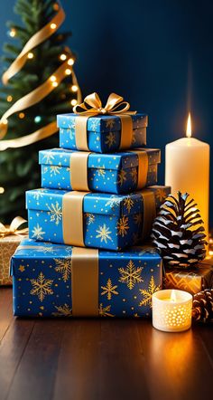 a stack of blue wrapped presents next to a lit candle and christmas tree with lights