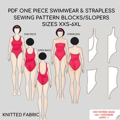 One Piece Swimwear | Strapless Swimwear| Printable Pdf Sewing Pattern Block Set, Sewing Pattern Block | Sizes |XXS-6XL| Knit Are you a self-taught sewer or a professional fashion designer? Fashion student or graduate, crafter, seamstress, tailor, or pattern maker? Do you create patterns for fun or professional? Then this is for you! It is a Women's Pdf Sewing Patterns Block (Sloper) for knitted fabrics It is a TOOL (Basic Template), to work with and develop into a variety of garments. You can manipulate them to create your own unique designs or use the patterns as they are and add seams only. SEWING TUTORIAL & SEAM ALLOWANCES NOT INCLUDED. You need basic knowledge of sewing clothes. SIZES: XXS-6XL (Check the size chart in the photos for details). FORMAT Digital files. Instant Download. *No One Piece Swimsuit Pattern, Swimwear Sewing, Set Sewing Pattern, Swimwear Sewing Patterns, Strapless Swimwear, Barbie Sewing, Clothes Sizes, Barbie Sewing Patterns, Swimwear Pattern