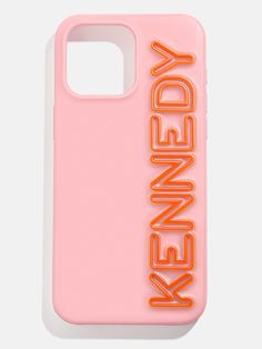 a pink phone case with an orange kenny logo on the front and back cover