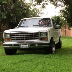 a white truck parked on top of a lush green field