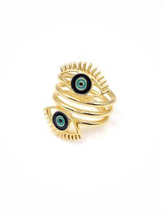 "Triple One Size Evil Eye Ring Protect yourself against evil eye with this simple and delicate brass base 14K gold plated adjustable ring, with a triple round enameled evil eye shape. It is adjustable at the front. A very trendy piece now! DETAILS: Adjustable Brass metal base 14K Gold Plated Minimum ring size: US 5 Adjustable up to US 6 NOTE: Please do not wash your hands wearing it to avoid tarnish and to maintain the gold plated bath. It is carefully shipped in a beautiful organza pouch, bubbl Gold Evil Eye Open Ring, Gold Open Ring With Evil Eye, Gold Open Ring With Evil Eye Detail, Adjustable Gold Eye-shaped Jewelry, Protection Ring, Organza Pouch, Evil Eye Ring, Eye Shape, Ring Simple