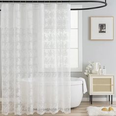 PRICES MAY VARY. Ready Made Stall Lace Shower Curtain - Package contains 1 panel 36 x 72 inch small shower curtain with attach valance features 6 reinforced holes top. White lace shower curtain with the size of 36-inch width by 72-inch length, fits narrow stall sized showers / stand up bath tubs Delicate Floral Pattern - Victorian lace shower curtain showcases vintage floral lace scalloped edges and exquisite workmanship that create a stunning look for your bathroom. It matches any decor and add French Country Bathroom Decor, French Country Shower Curtain, White Ruffle Shower Curtain, Lace Shower Curtain, Fancy Shower Curtains, French Country Decorating Bathroom, White Marble Shower, Marble Shower Walls, Lace Shower Curtains