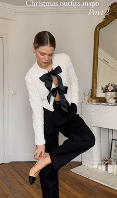 Black And White Outfit Ideas Party Chic, Zara Christmas Outfit 2024, Black And White Christmas Party Outfit, Black And White Holiday Party Outfit, Chic Holiday Party Outfit, Bow Cardigan Outfit, Jazz Night Outfit Classy, Semi Formal Christmas Outfits For Women, Christmas Party Outfit Ideas For Women