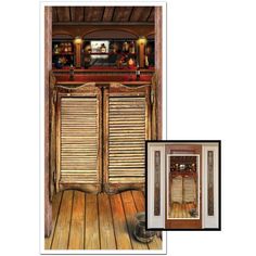 an open wooden door with shutters on the outside and inside, in front of a bar