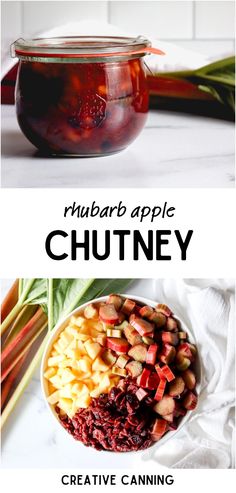 a bowl filled with fruit and vegetables next to an apple chutney