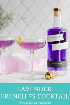 the lavender french 75 cocktail is served in coupe glasses