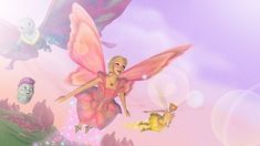 an animated image of a fairy and her friends flying through the air with bubbles in the background