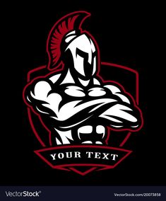 a spartan with his arms crossed and the text your text on it is in red