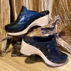 Vintage Y2k Ralph Lauren Collection Mule Clogs. Side Cross-Lace Detail. Studded Black Leather On A Chunky Low Wood Platform Heel. Rare - Have Not Seen Another Pair Like This. Interested? Make Offer. Items Are X-Listed & Some Go Quickly. Follow For 20+ Yr Collection Of Vintage, Statement, Designer, Xs-Xl. First Looks On Ig, In Bio. Wood Platform Heels, Purple Label, Ralph Lauren Purple Label, Ralph Lauren Collection, Womens Clogs, Mule Clogs, Mules Shoes, Lace Detail, Clogs