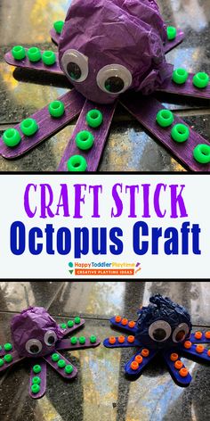 an octopus craft made out of purple paper and green buttons with the words craft stick octopus craft