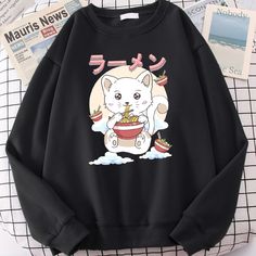 Keep your street style cool 'n' cozy with this Kawaii Ramen Eating Cat Sweatshirt! Make mealtime even more purr-fect with this adorable Kawaii Ramen Eating Cat Sweatshirt! Whether you're sipping soup or snuggling up, you'll love the comfy look and feel of this kitty-themed pullover. Who could resist that sweet face?! Meow-nificent! Kawaii Black Sweatshirt With Graphic Print, Black Kawaii Sweatshirt With Graphic Print, Kawaii Long Sleeve Tops With Cat Print, Kawaii Long Sleeve Top With Cat Design, Kawaii Long Sleeve Cat Print Top, Sipping Soup, Picture Of Cat, Cat Eating Ramen, Kawaii Ramen