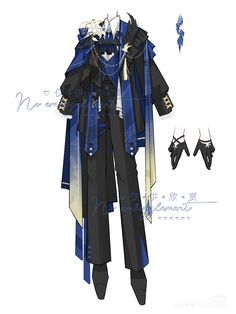 an anime character is dressed in black and blue clothes with white trims on his chest