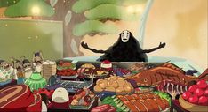 an animated image of a person standing in front of a table full of food